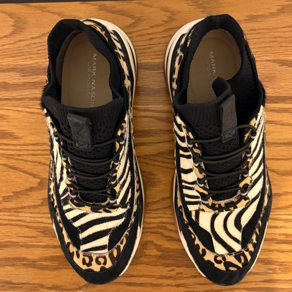 Mark Nason Los Angeles Women Animal Print Calf Hair Platform Sneakers Black Tan